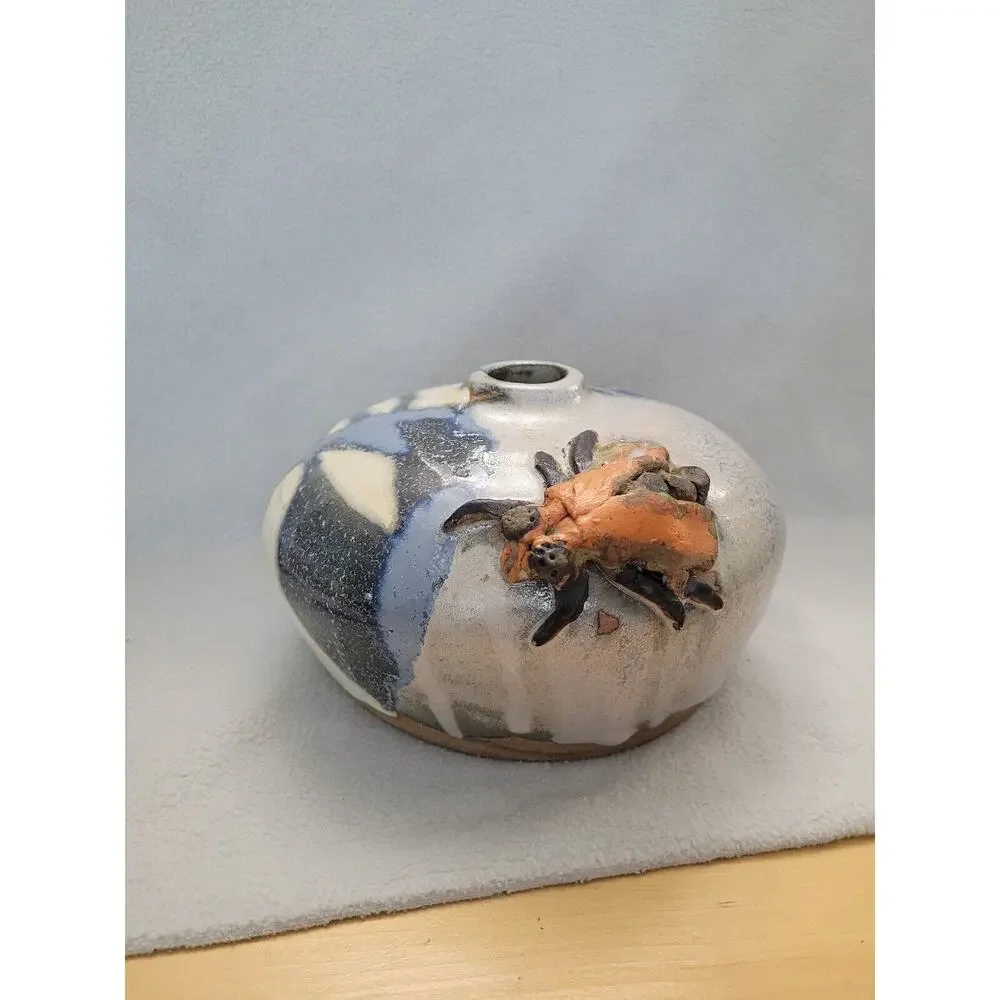 Vintage Studio Art Pottery Fly Bug Large Round Orb Vase Glaze Blue